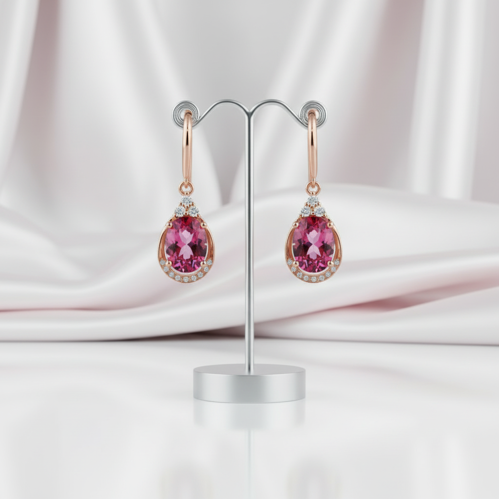 14k Rose Gold 1.6 Ct Pink Topaz with 0.185 Ct Diamond Option Earrings-Black Diamonds New York