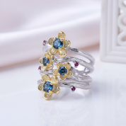 1.62Ct London Blue Topaz Handmade Flower Jewelry Set-Black Diamonds New York
