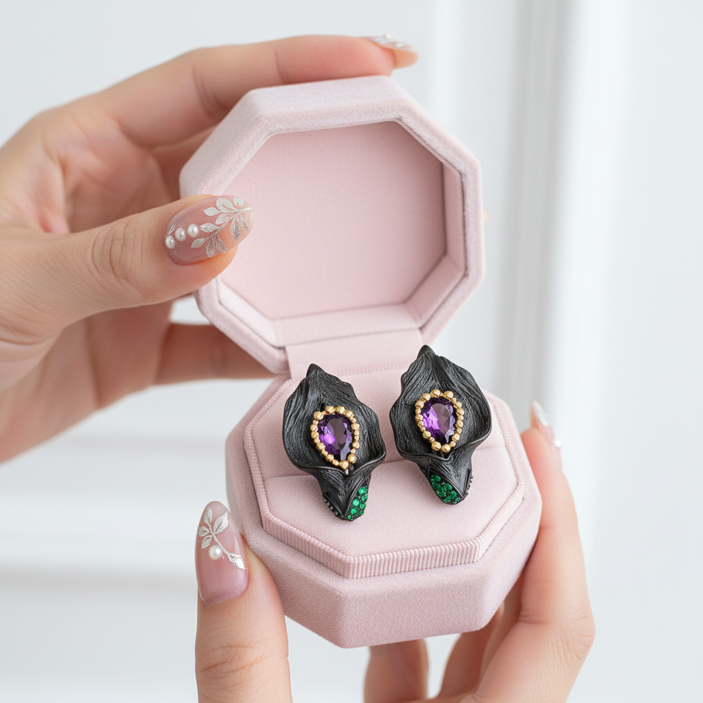 1.68ct Amethyst Calla Lily Leaf Earrings-Black Diamonds New York