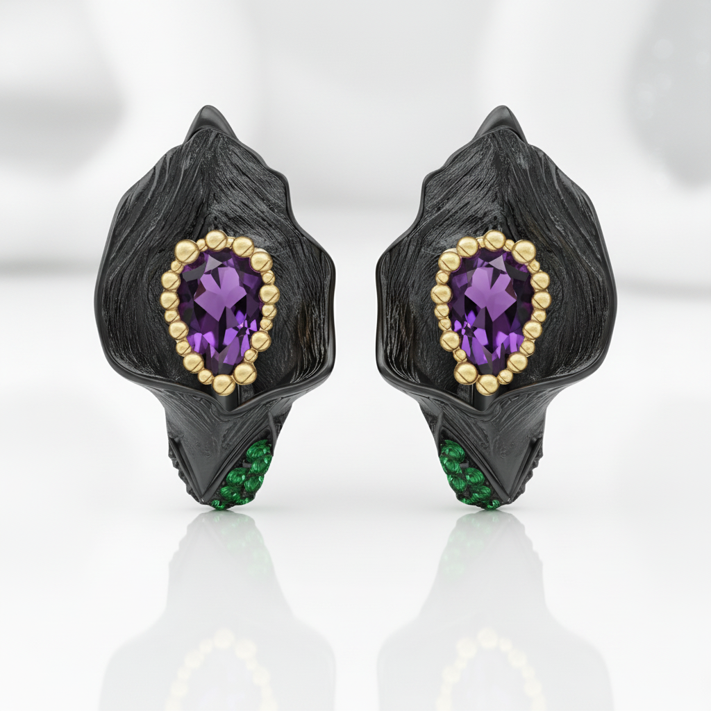 1.68ct Amethyst Calla Lily Leaf Earrings-Black Diamonds New York