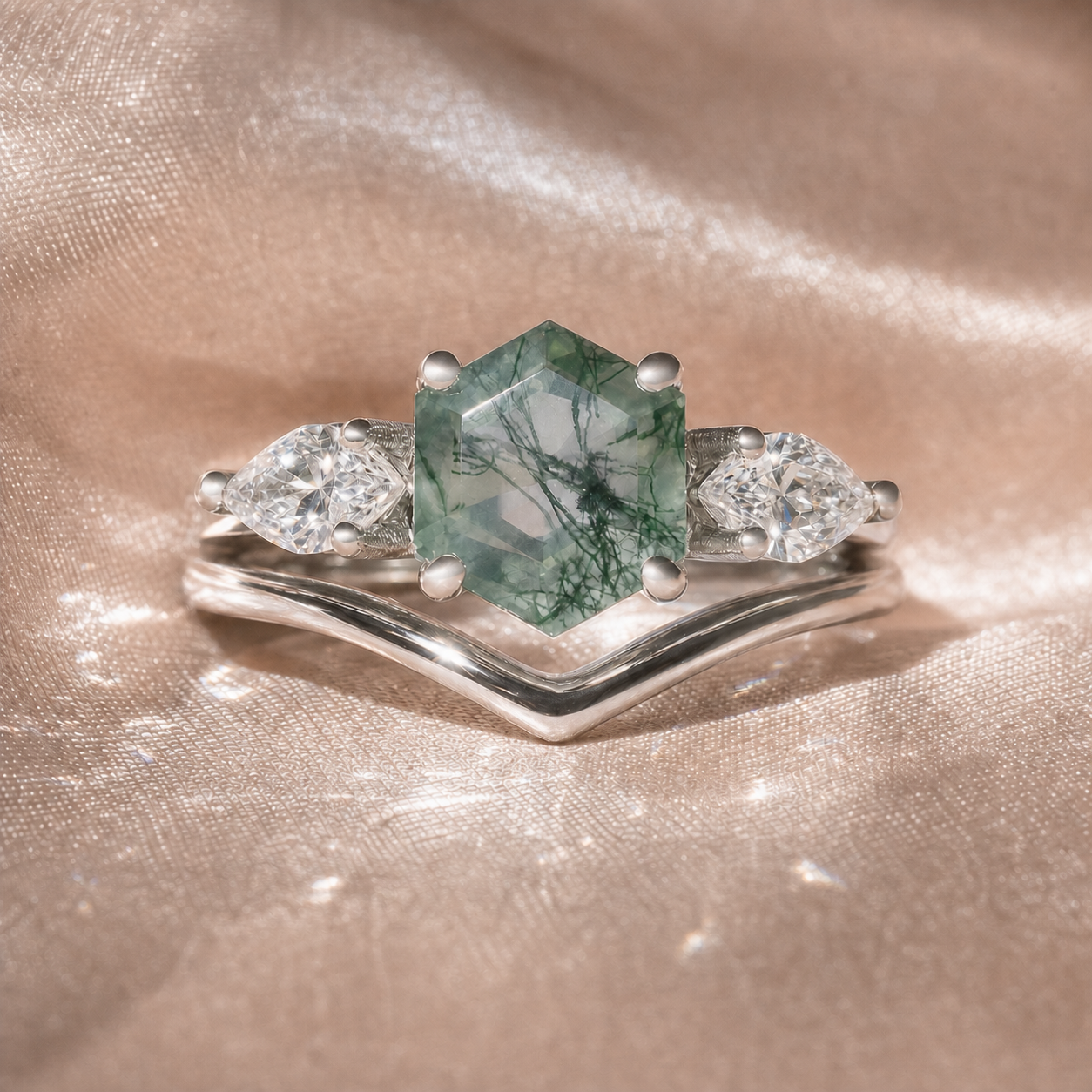 Hexagon Exquisite Moss Agate Engagement Ring Set-Black Diamonds New York