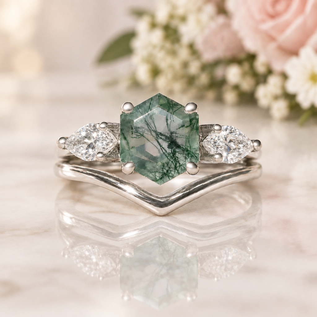 Hexagon Exquisite Moss Agate Engagement Ring Set-Black Diamonds New York