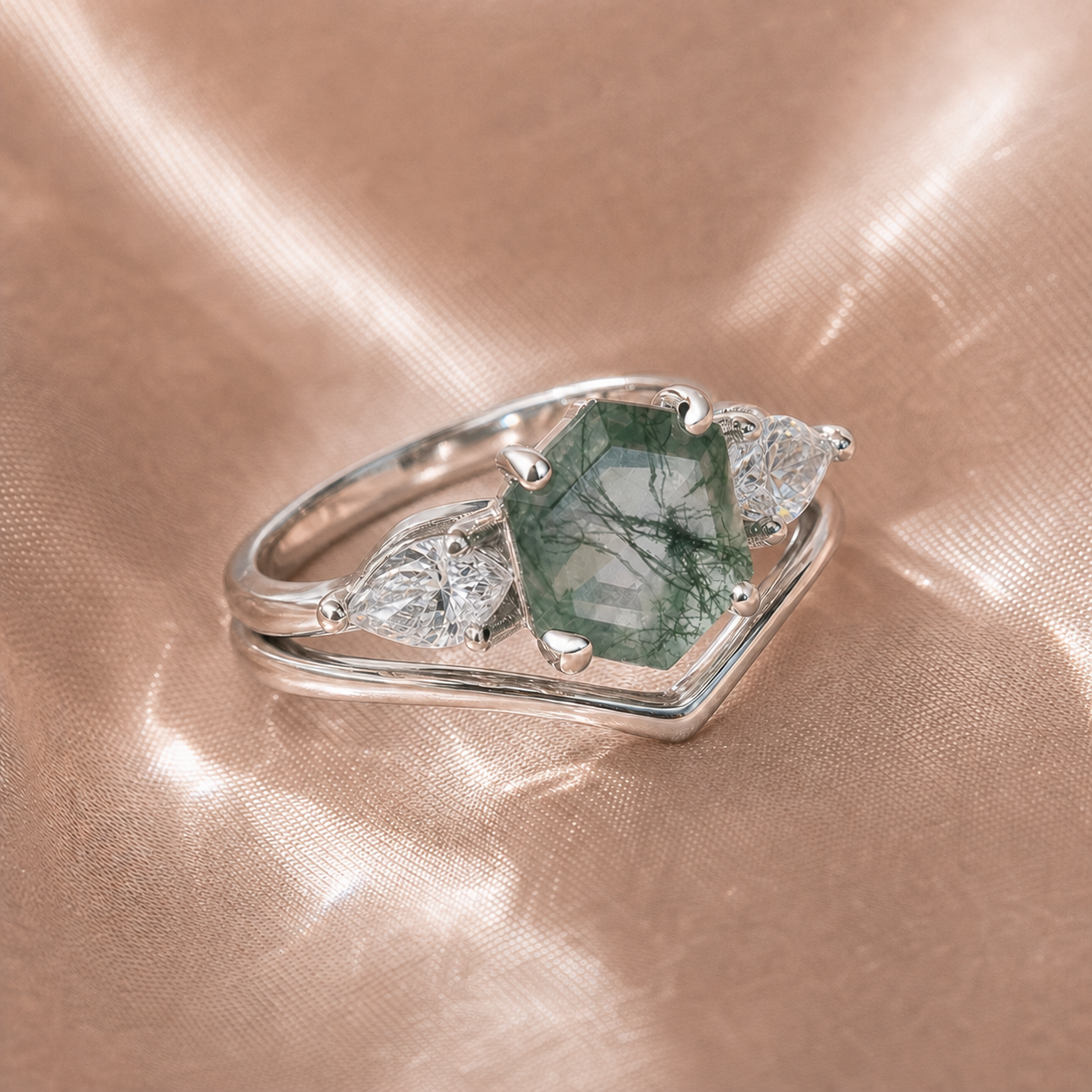 Hexagon Exquisite Moss Agate Engagement Ring Set-Black Diamonds New York