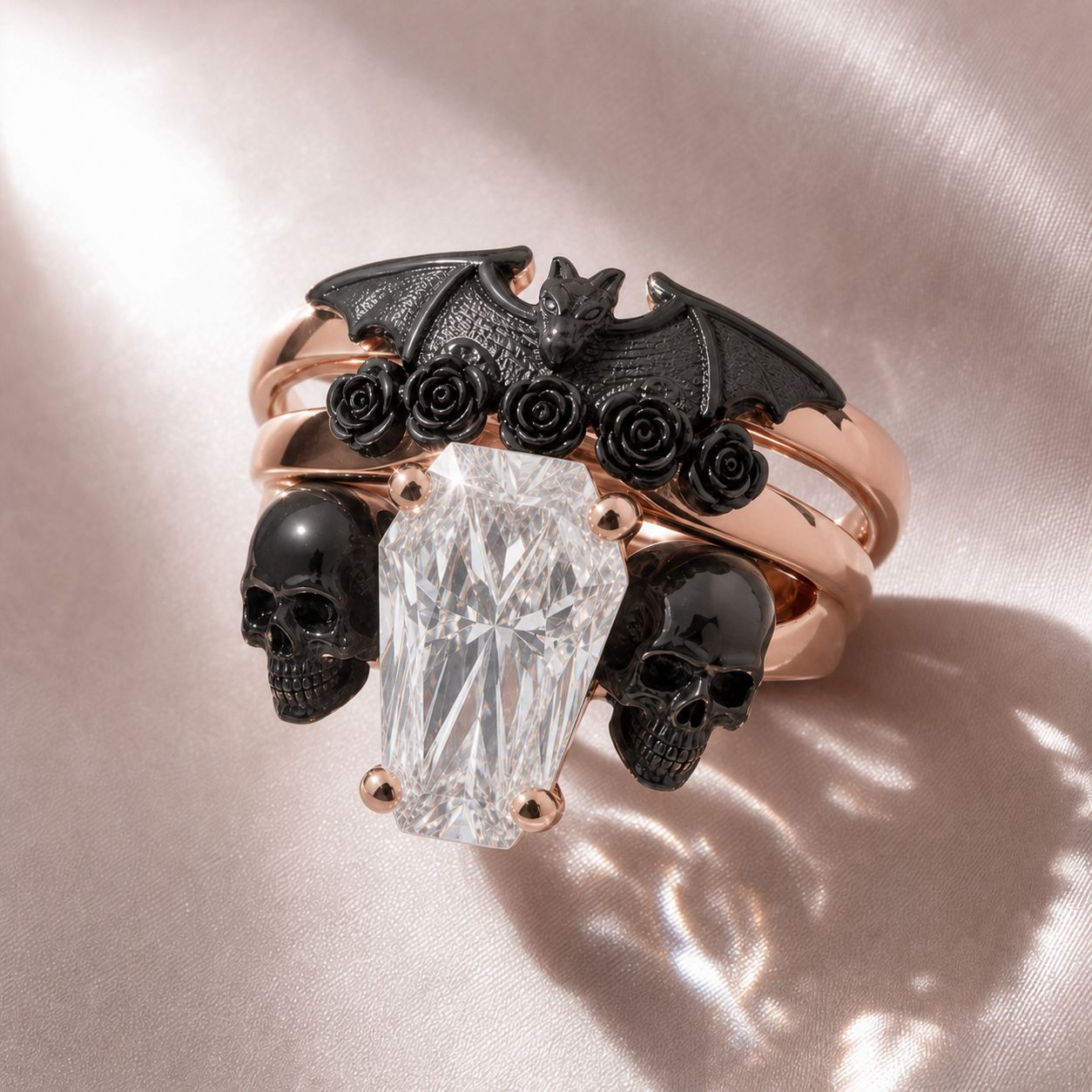 My Ever After Ring - Coffin Cut Diamond Option with Skulls, Bat and Roses Promise Ring-Black Diamonds New York