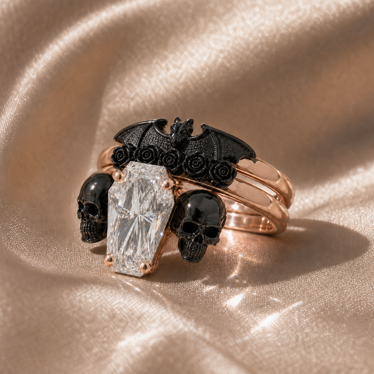 My Ever After Ring - Coffin Cut Diamond Option with Skulls, Bat and Roses Promise Ring-Black Diamonds New York