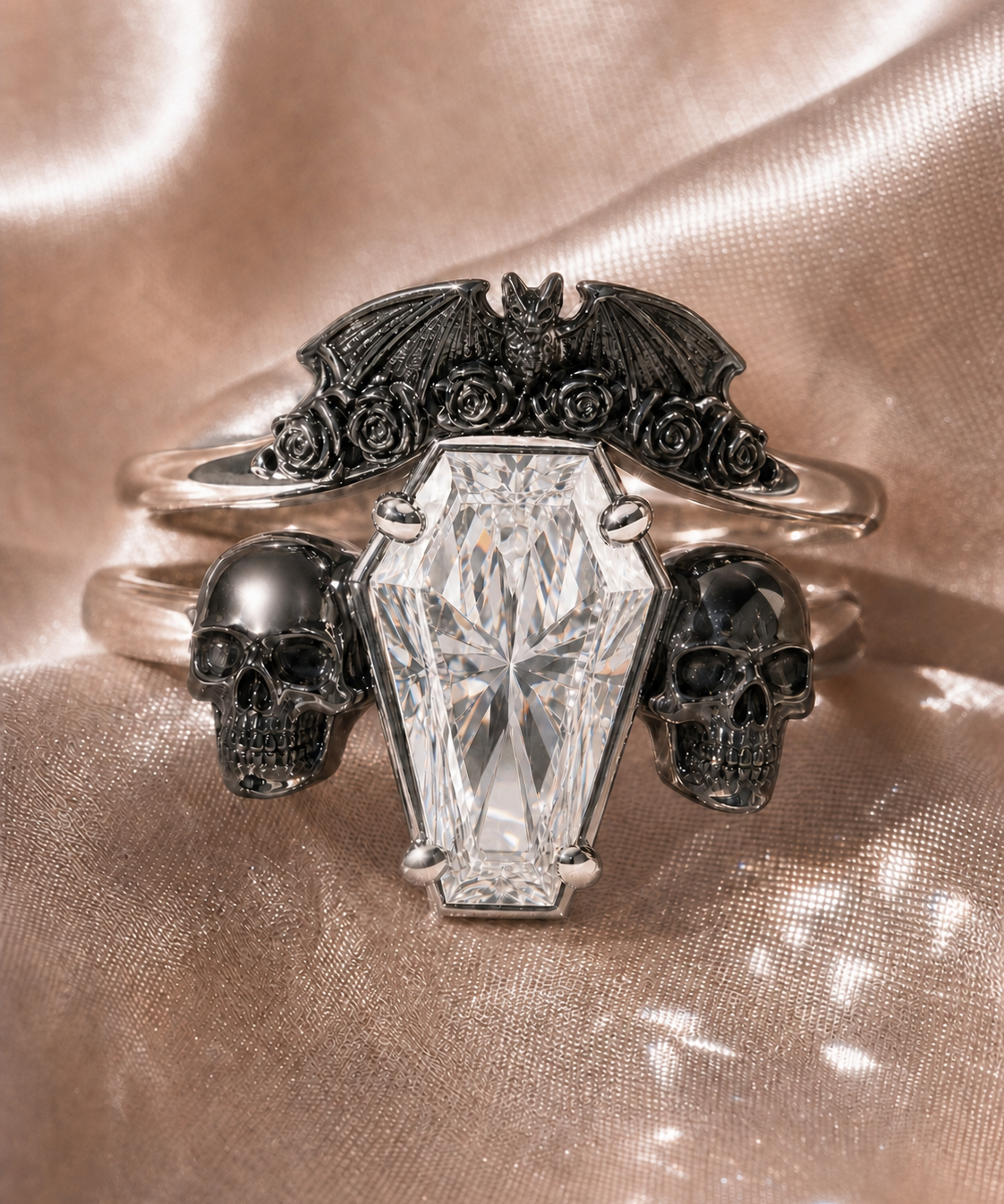 My Ever After Ring - Coffin Cut Diamond Option with Skulls, Bat and Roses Promise Ring-Black Diamonds New York