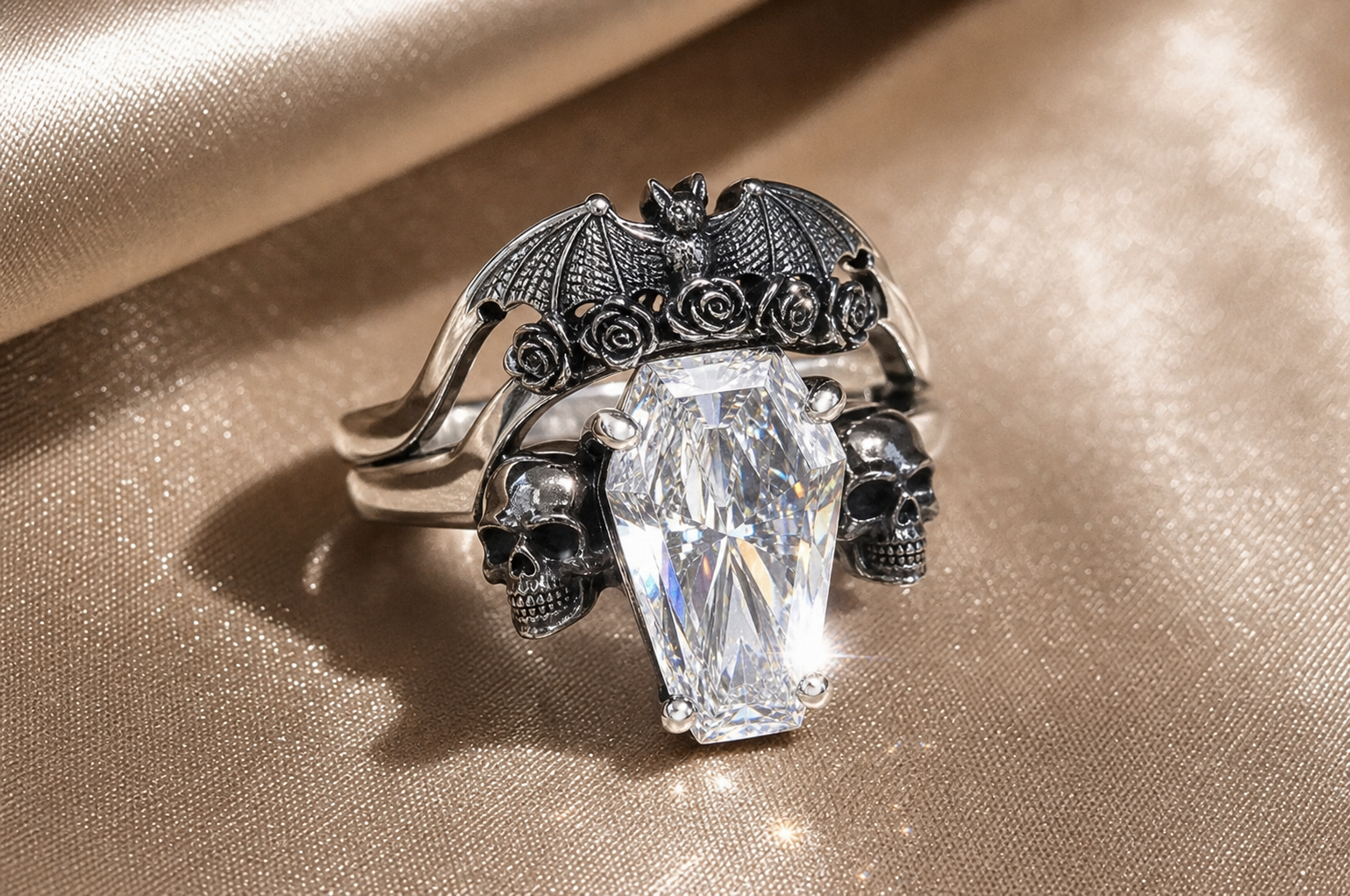 My Ever After Ring - Coffin Cut Diamond Option with Skulls, Bat and Roses Promise Ring-Black Diamonds New York