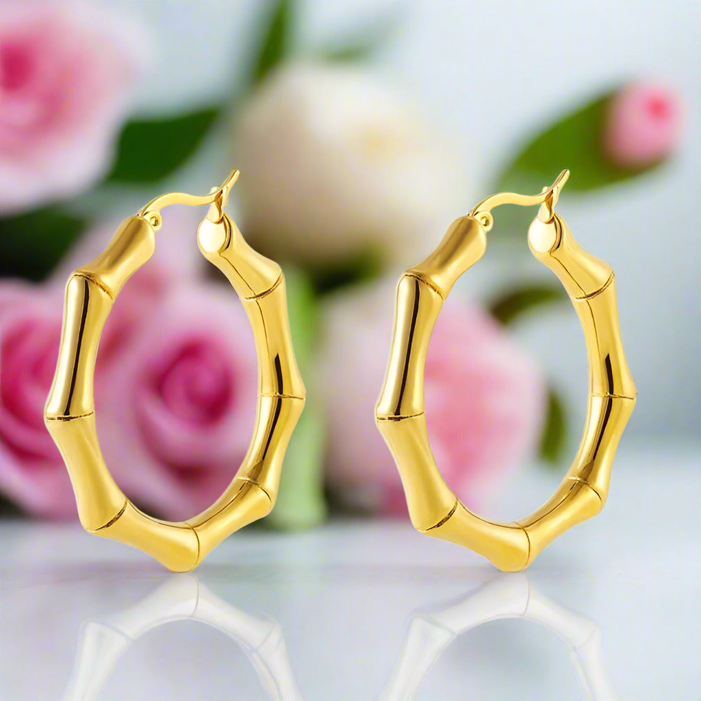 18K Yellow Gold Bamboo Knot Buckle Earrings-Black Diamonds New York