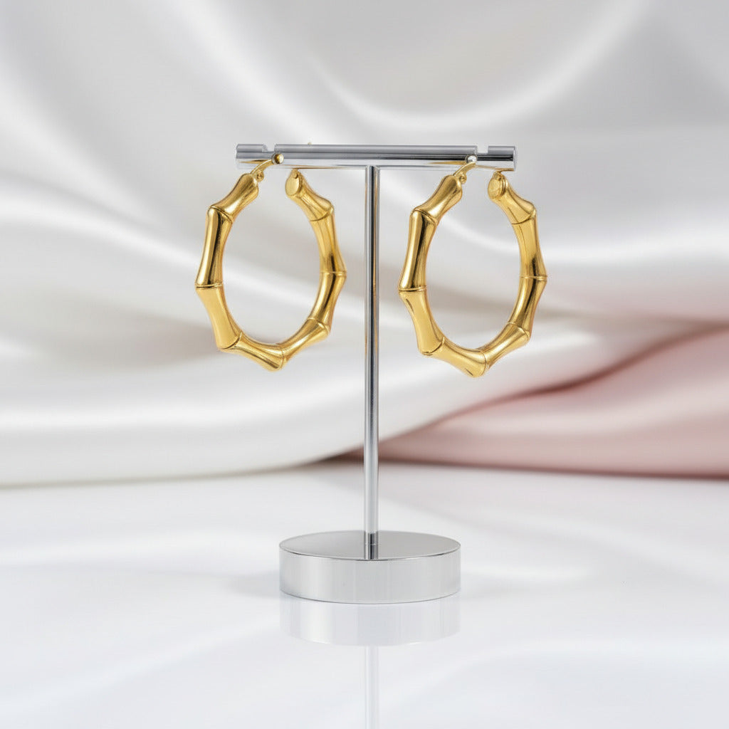 18K Yellow Gold Bamboo Knot Buckle Earrings-Black Diamonds New York