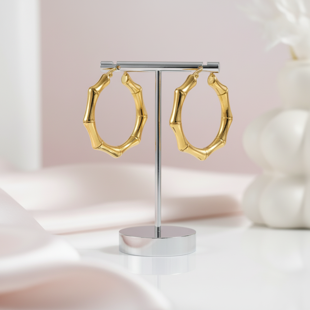 18K Yellow Gold Bamboo Knot Buckle Earrings-Black Diamonds New York