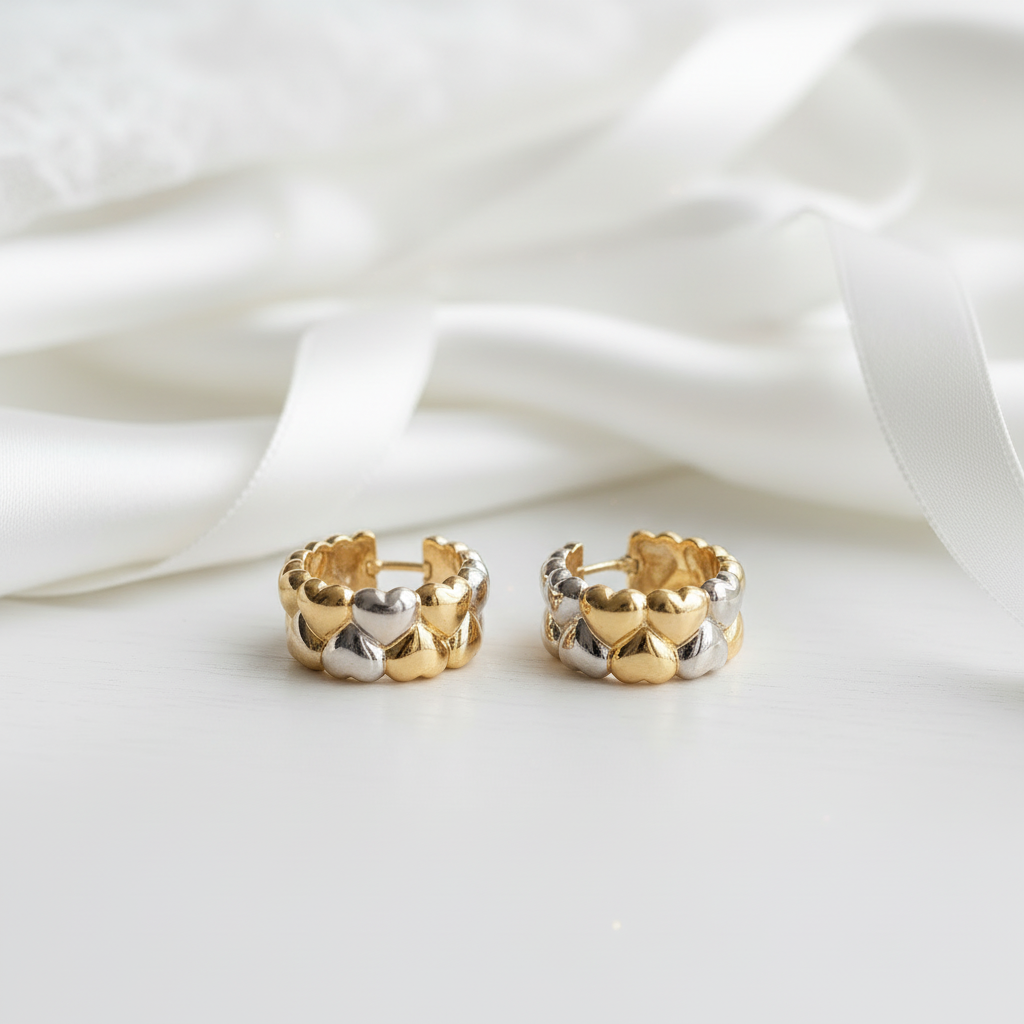 18K Gold Heart Shaped Two Color Hoop Earrings-Black Diamonds New York