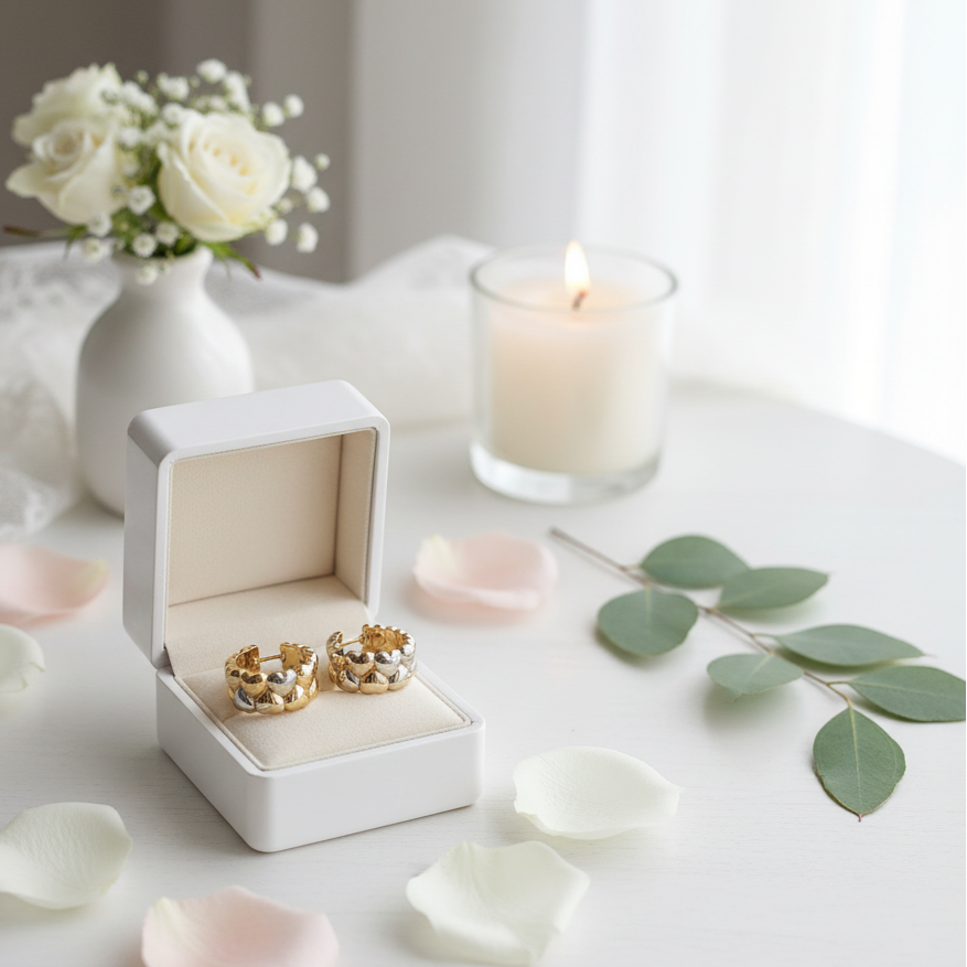 18K Gold Heart Shaped Two Color Hoop Earrings-Black Diamonds New York