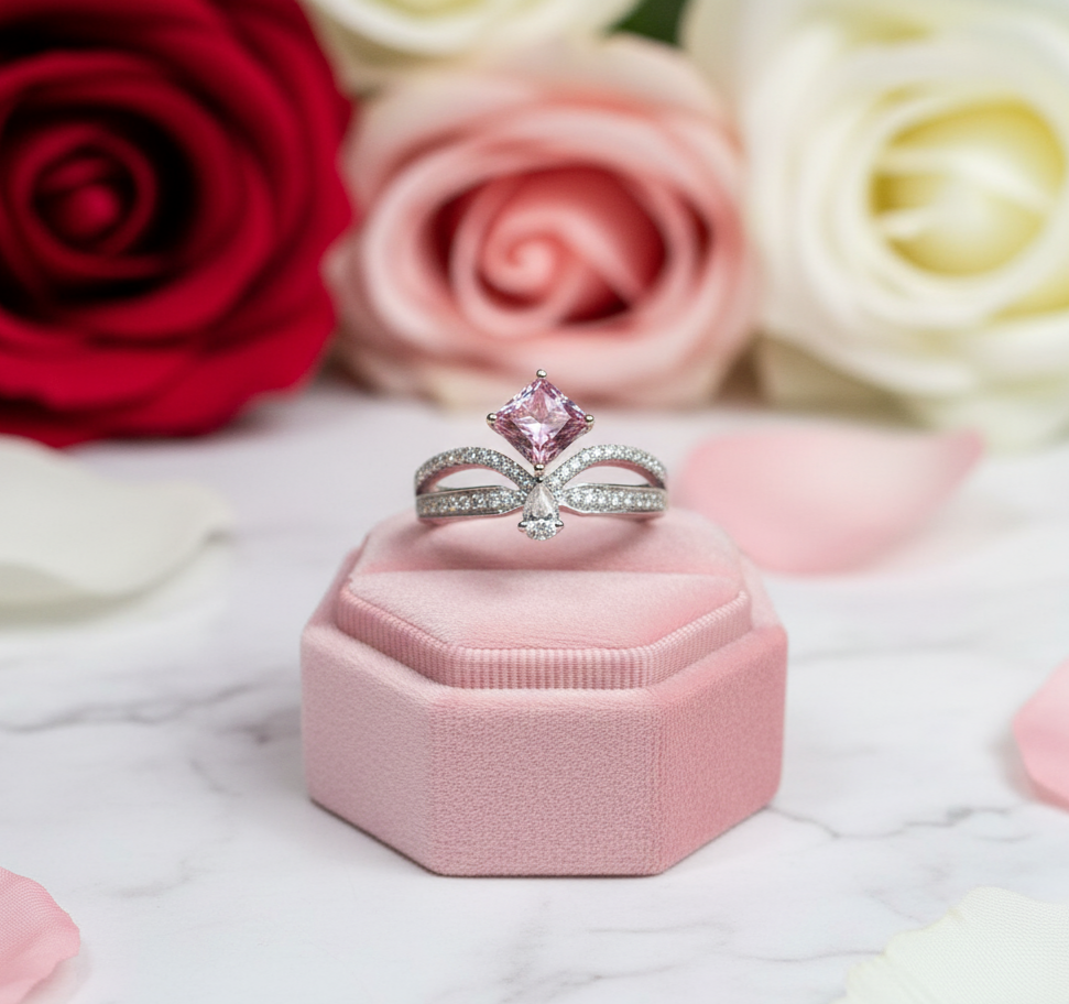 18K White Gold 1ct Princess Cut Pink Diamond Crown Engagement Ring-Black Diamonds New York