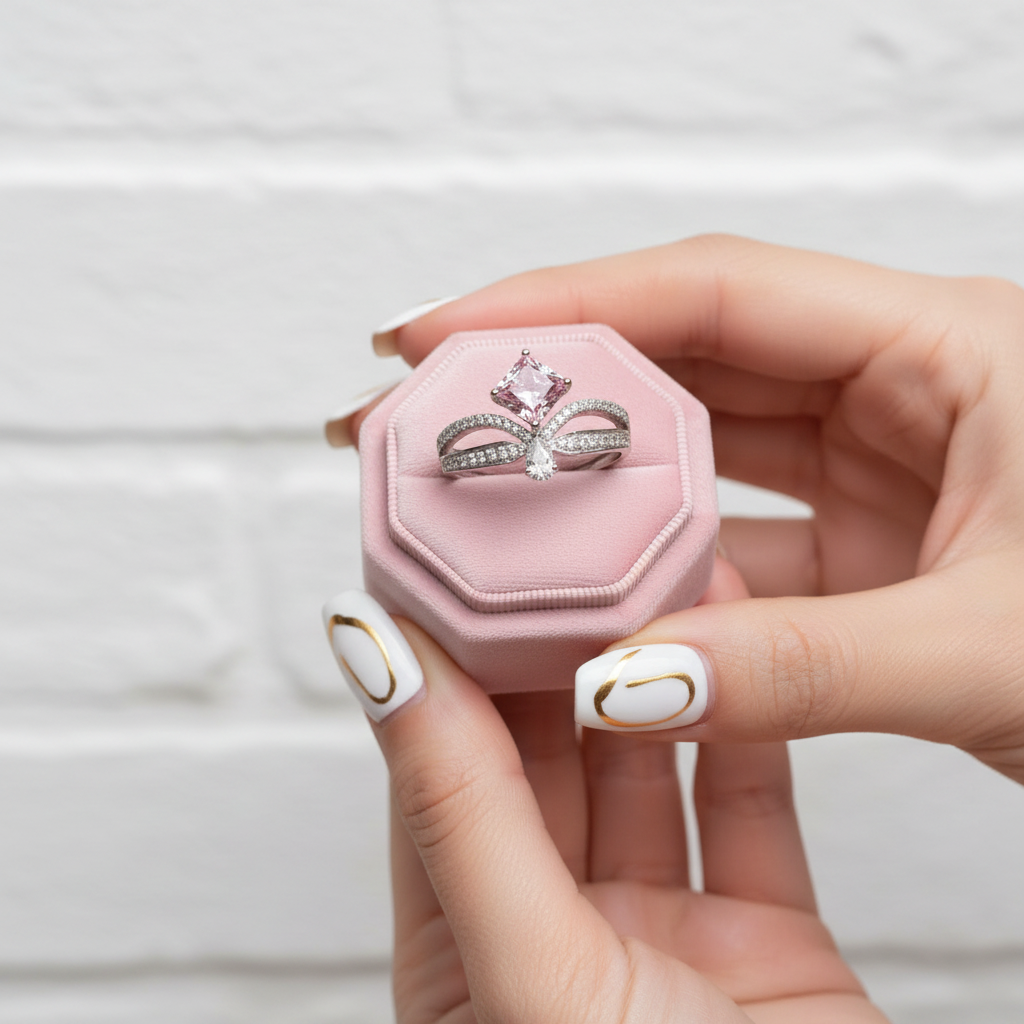 18K White Gold 1ct Princess Cut Pink Diamond Option Crown Engagement Ring-Black Diamonds New York