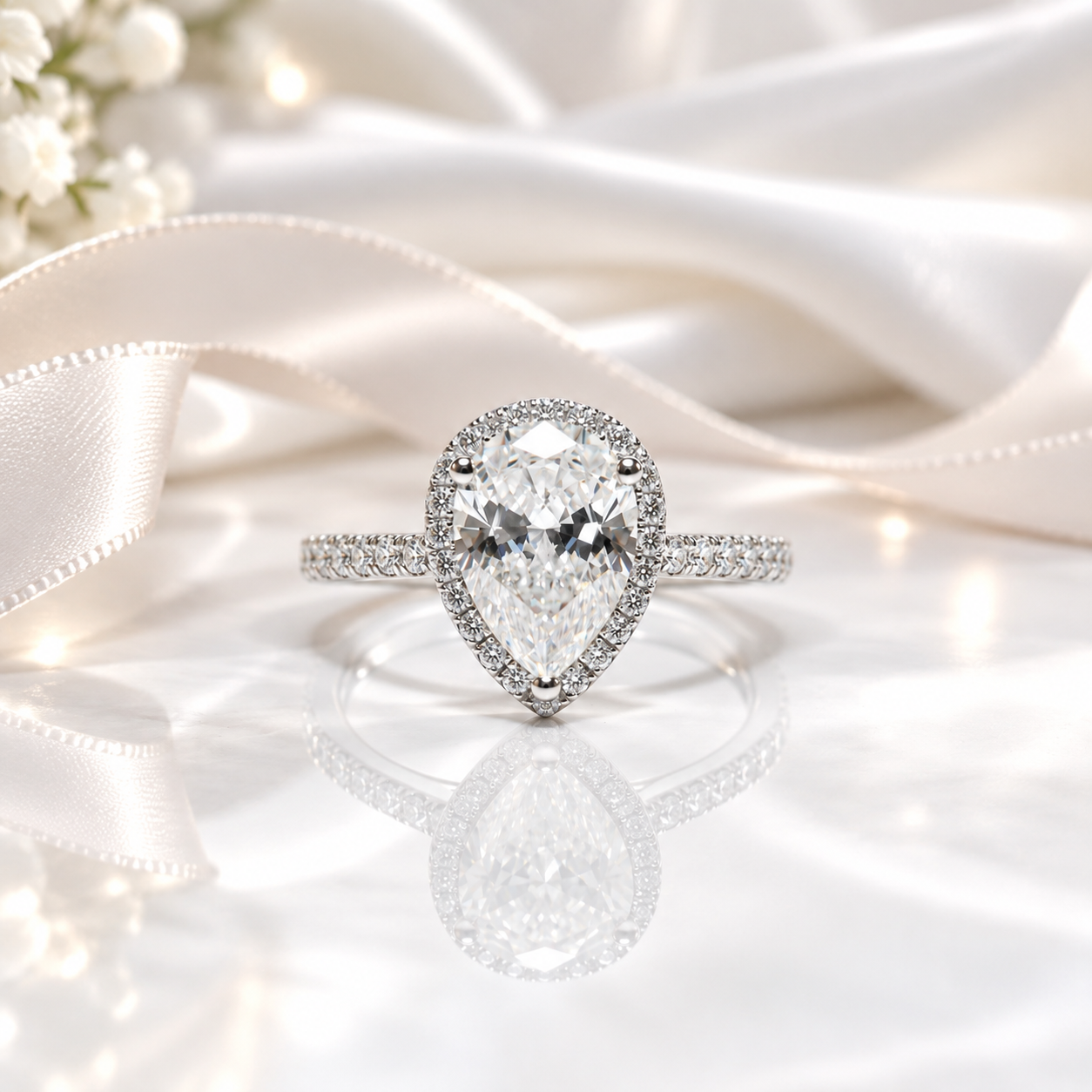 18k White Gold Pear Cut 1ct Diamond Option Water Drop Engagement Ring-Black Diamonds New York