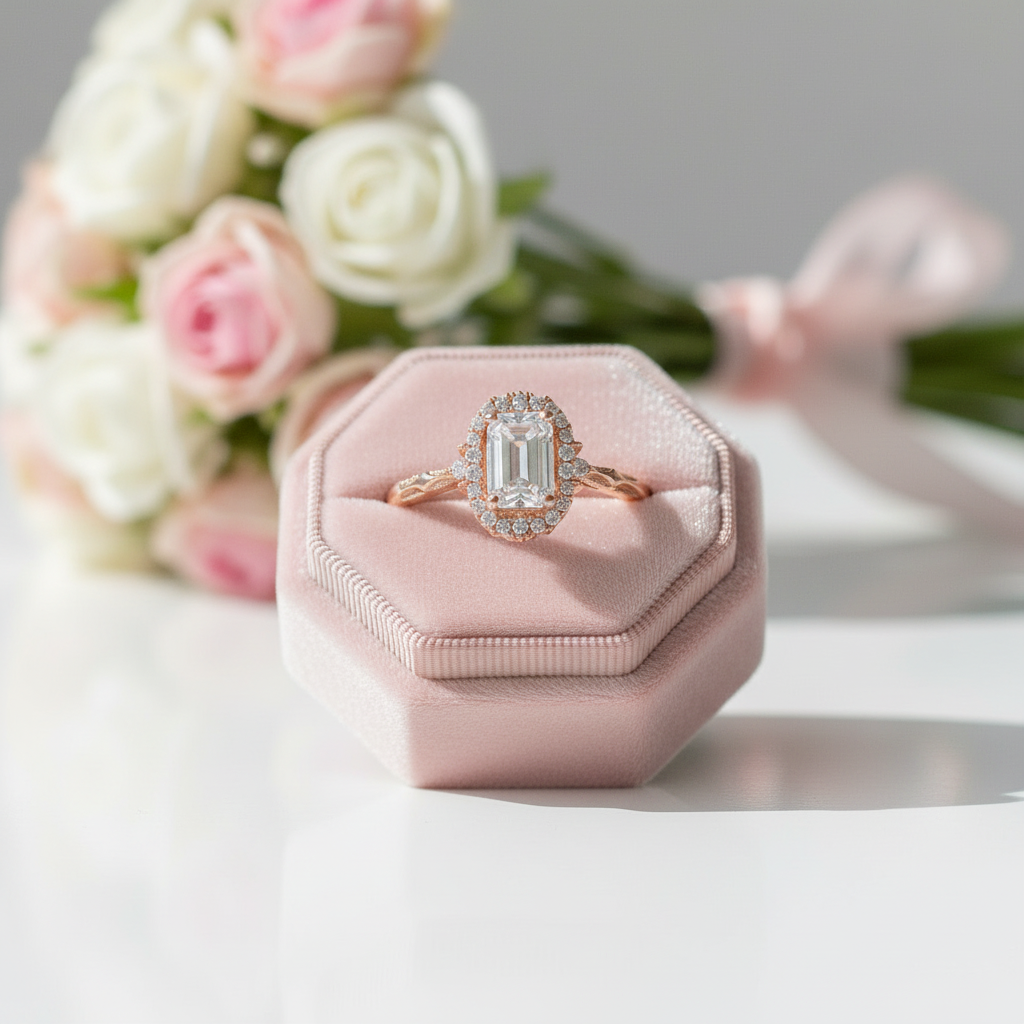 18k Art Deco Emerald Cut Diamond Option Rose Gold Engagement Ring-Black Diamonds New York