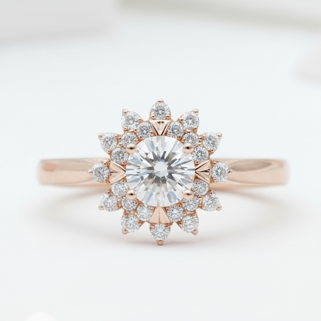 18k Art Deco Round Cut Diamond Sunflower Engagement Ring-Black Diamonds New York