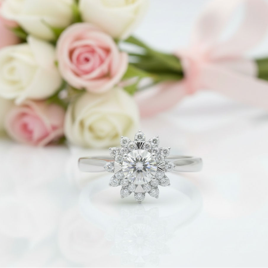 18k Art Deco Round Cut Diamond Option Sunflower Engagement Ring-Black Diamonds New York