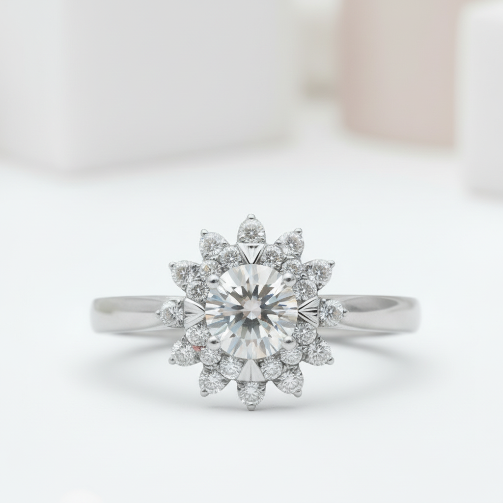 18k Art Deco Round Cut Diamond Sunflower Engagement Ring-Black Diamonds New York