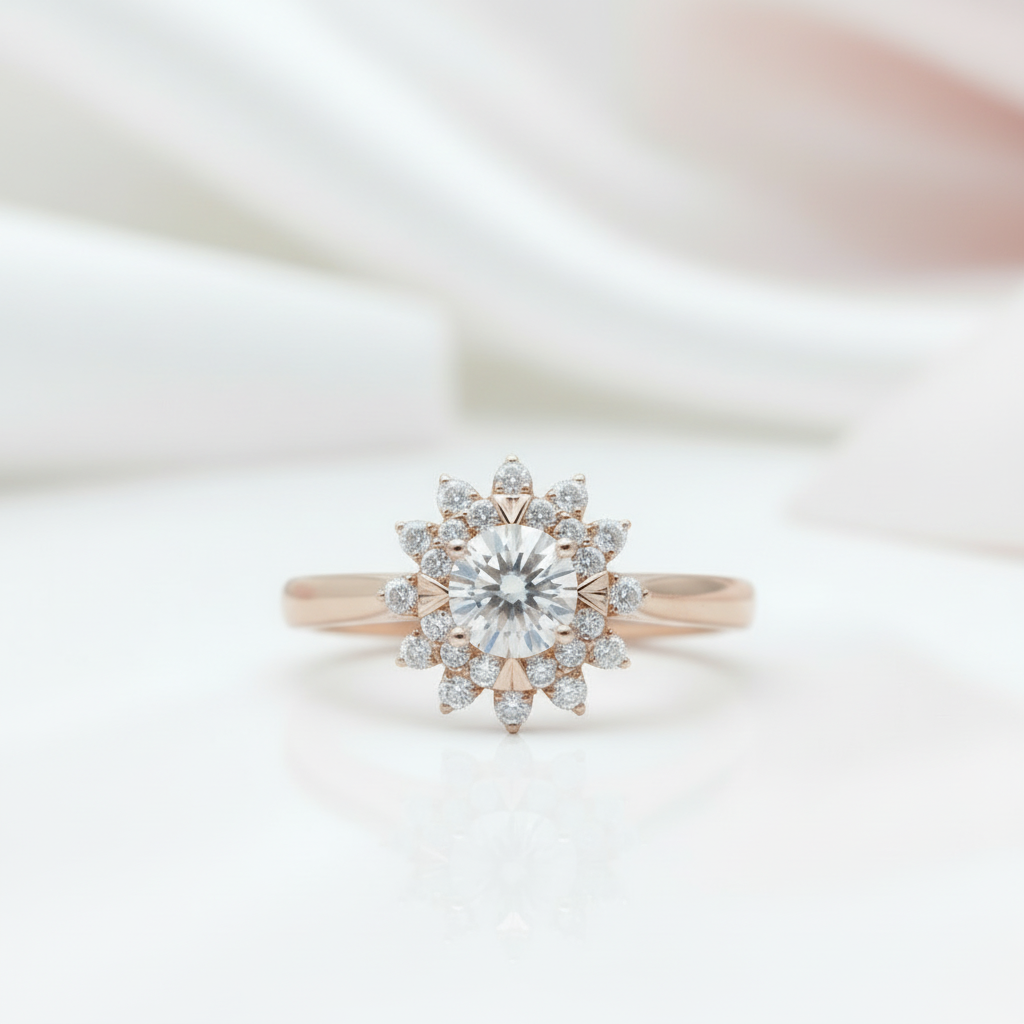 18k Art Deco Round Cut Diamond Sunflower Engagement Ring-Black Diamonds New York