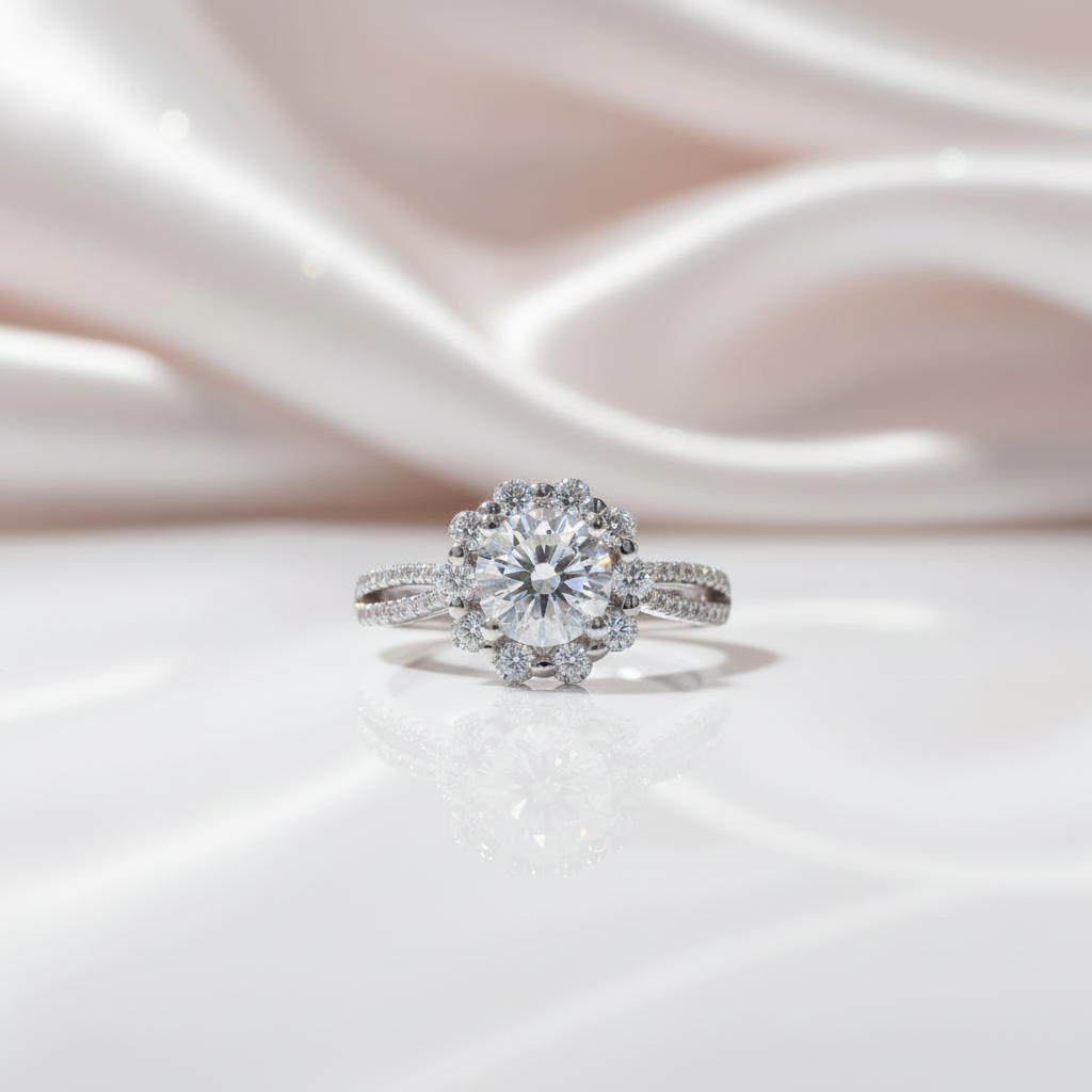 18k Art Deco Round Diamond Option Halo Flower Engagement Ring-Black Diamonds New York