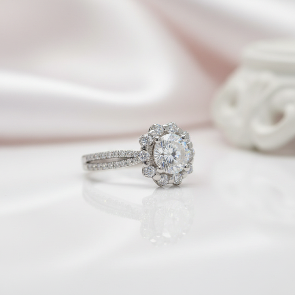 18k Art Deco Round Diamond Option Halo Flower Engagement Ring-Black Diamonds New York