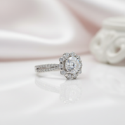 18k Art Deco Round Diamond Option Halo Flower Engagement Ring-Black Diamonds New York