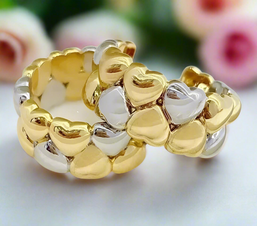 18K Gold Heart Shaped Two Color Hoop Earrings-Black Diamonds New York