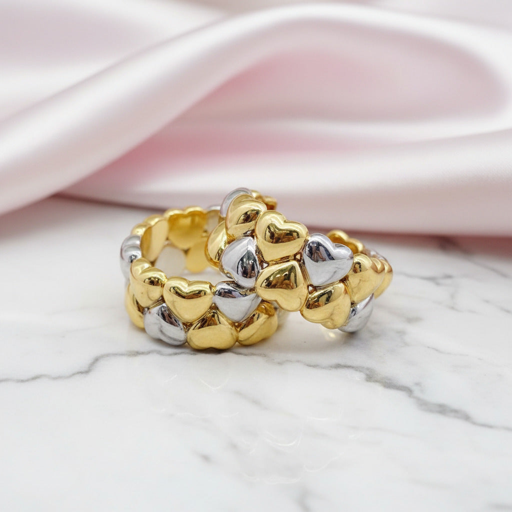 18K Gold Heart Shaped Two Color Hoop Earrings-Black Diamonds New York