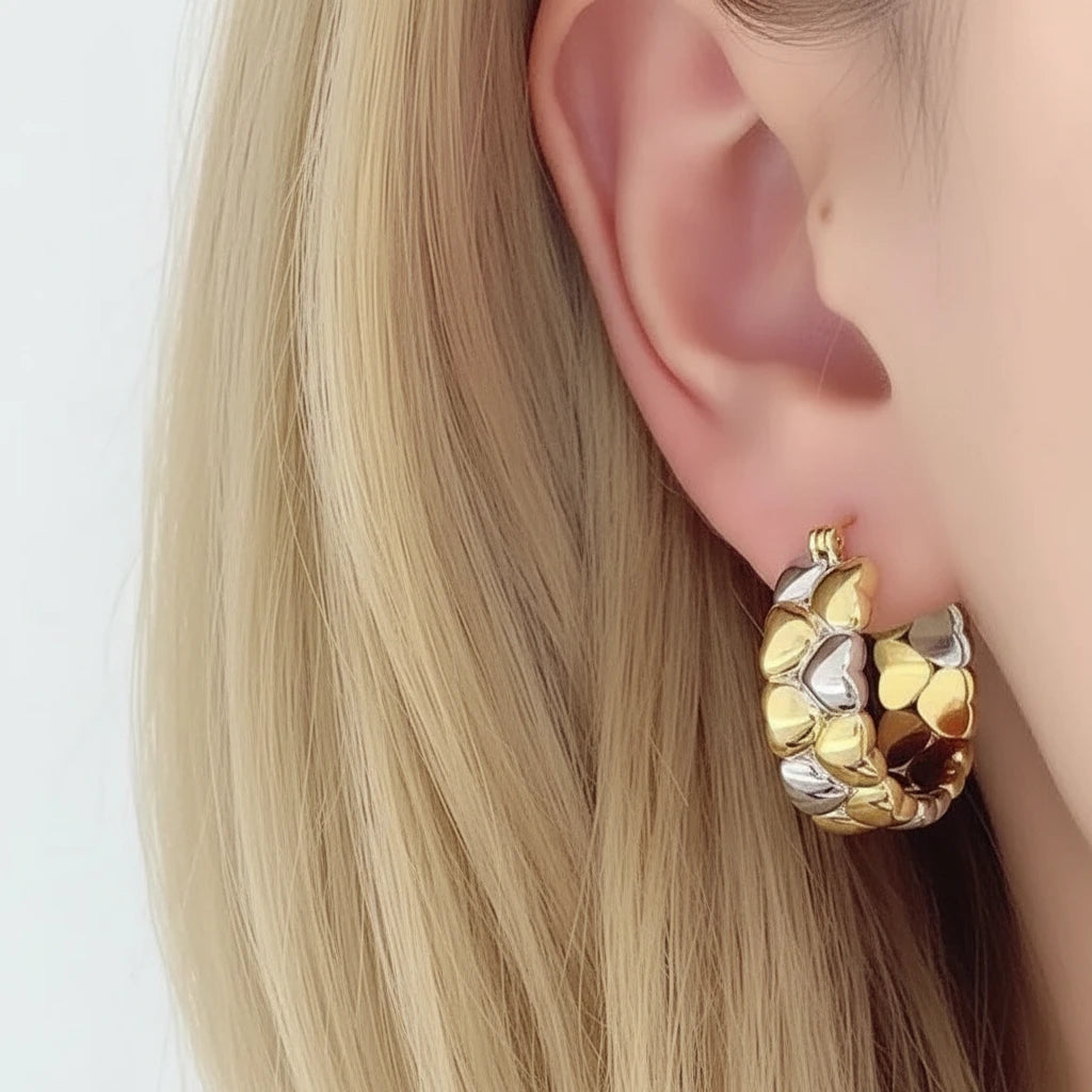 18K Gold Heart Shaped Two Color Hoop Earrings-Black Diamonds New York