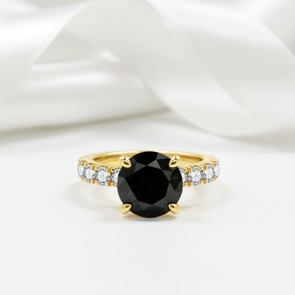 18k Gold Overlay Round Cut Diamond Option Engagement Ring-Black Diamonds New York