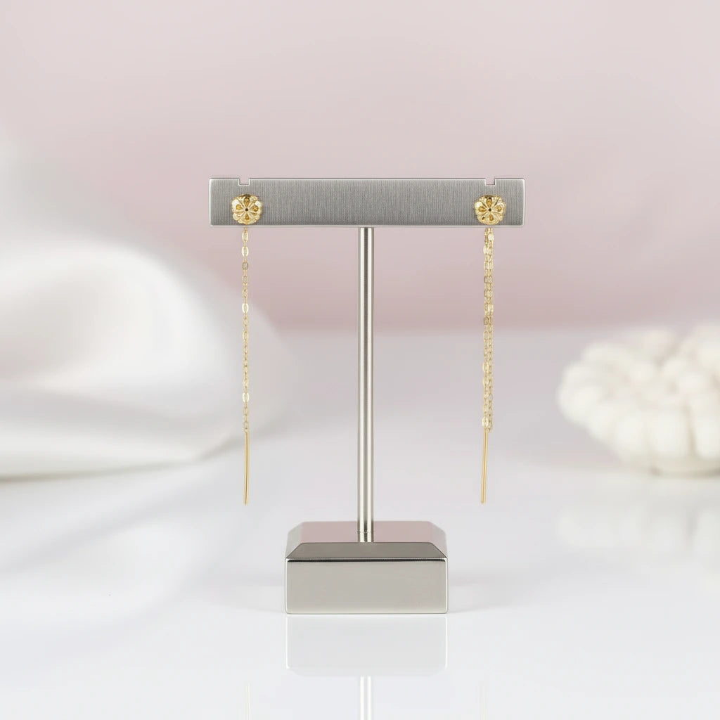 18k Gold Plum Blossom Design Tassel Earrings-Black Diamonds New York