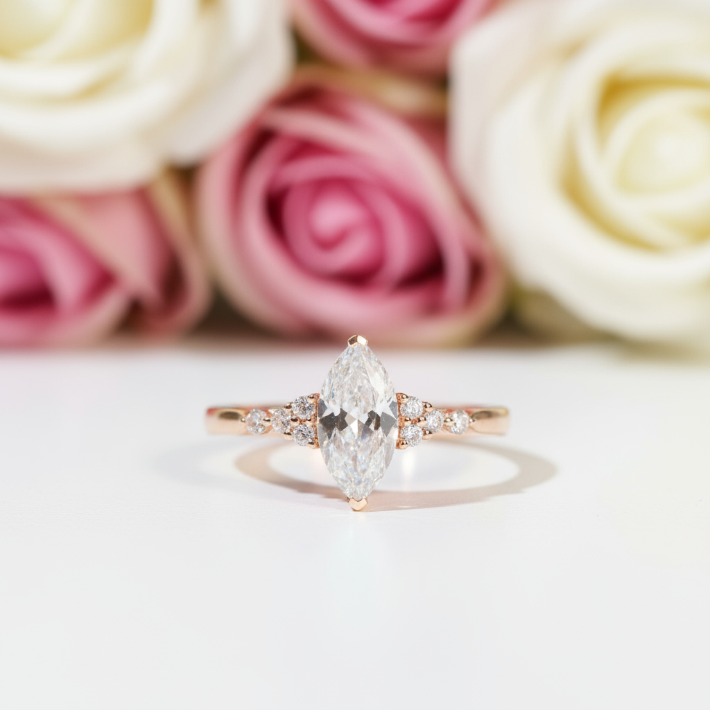 18k Marquise Cut Diamond Simple Design Engagement Ring-Black Diamonds New York