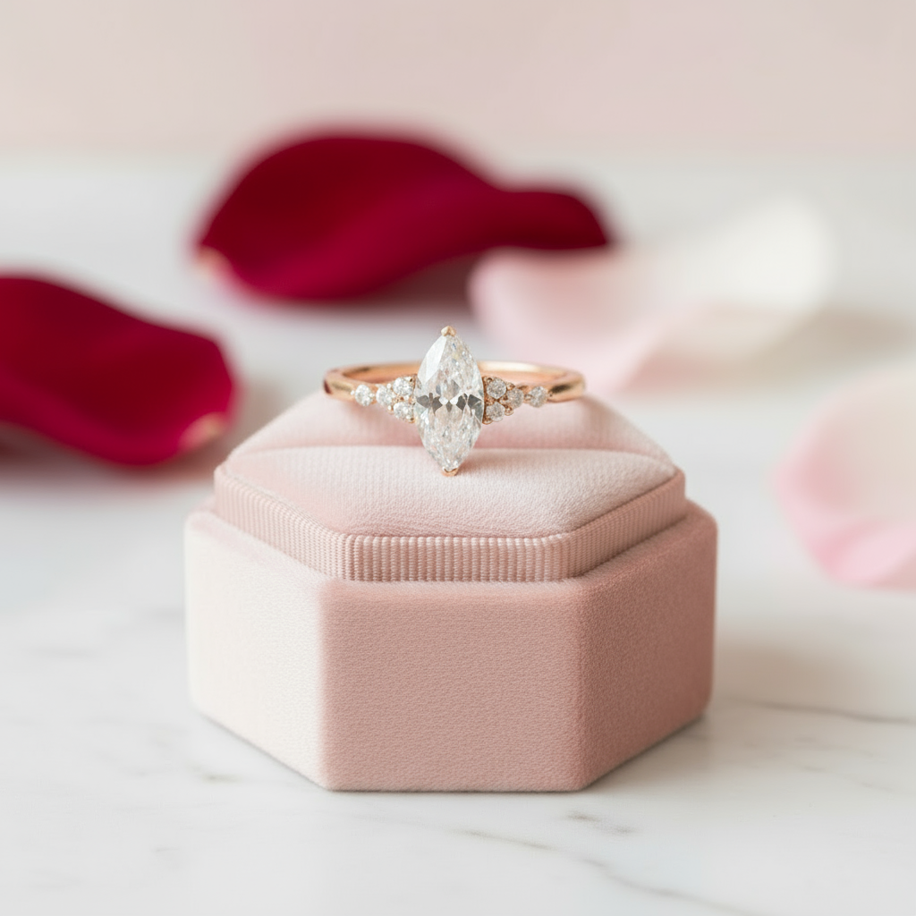 18k Marquise Cut Diamond Simple Design Engagement Ring-Black Diamonds New York