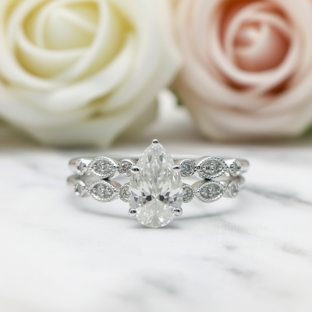 18k Pear Cut Diamond Vintage Design Engagement Ring-Black Diamonds New York