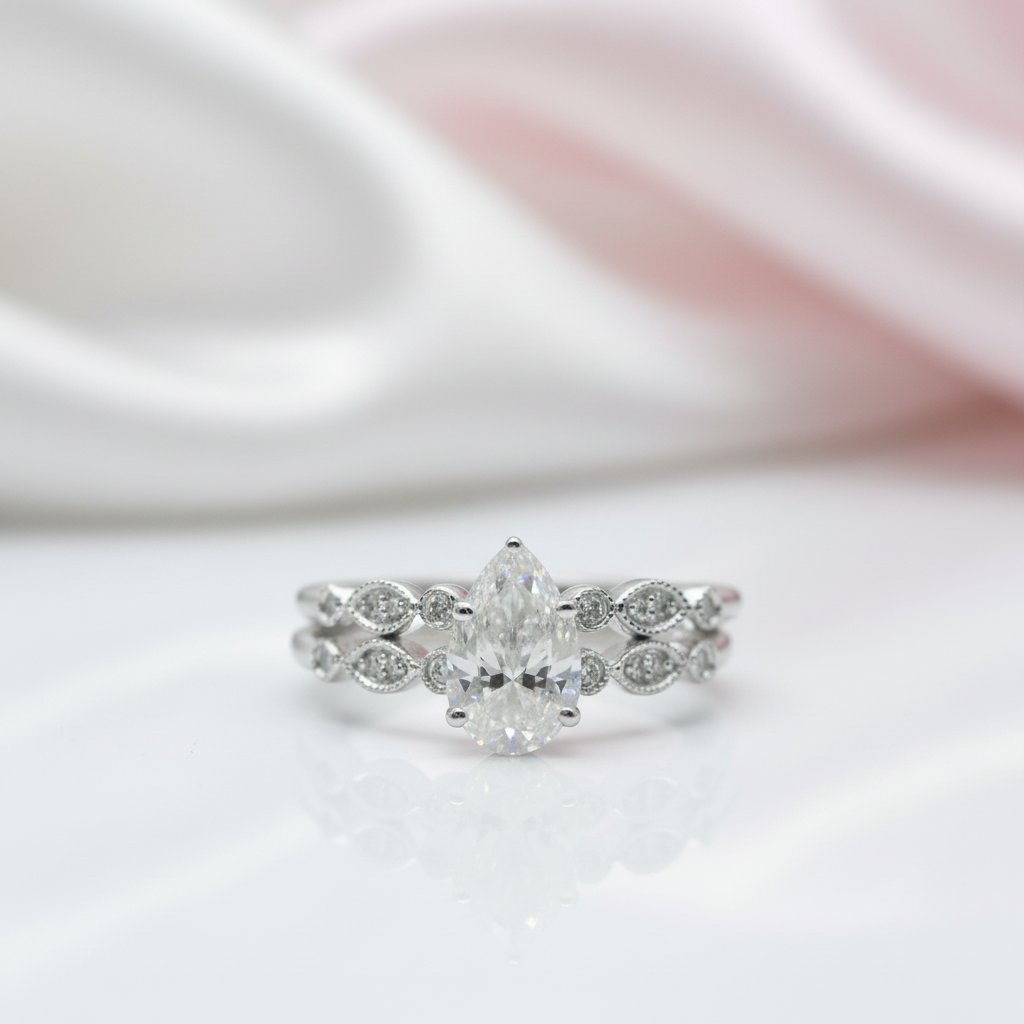 18k Pear Cut Diamond Option Vintage Design Engagement Ring-Black Diamonds New York