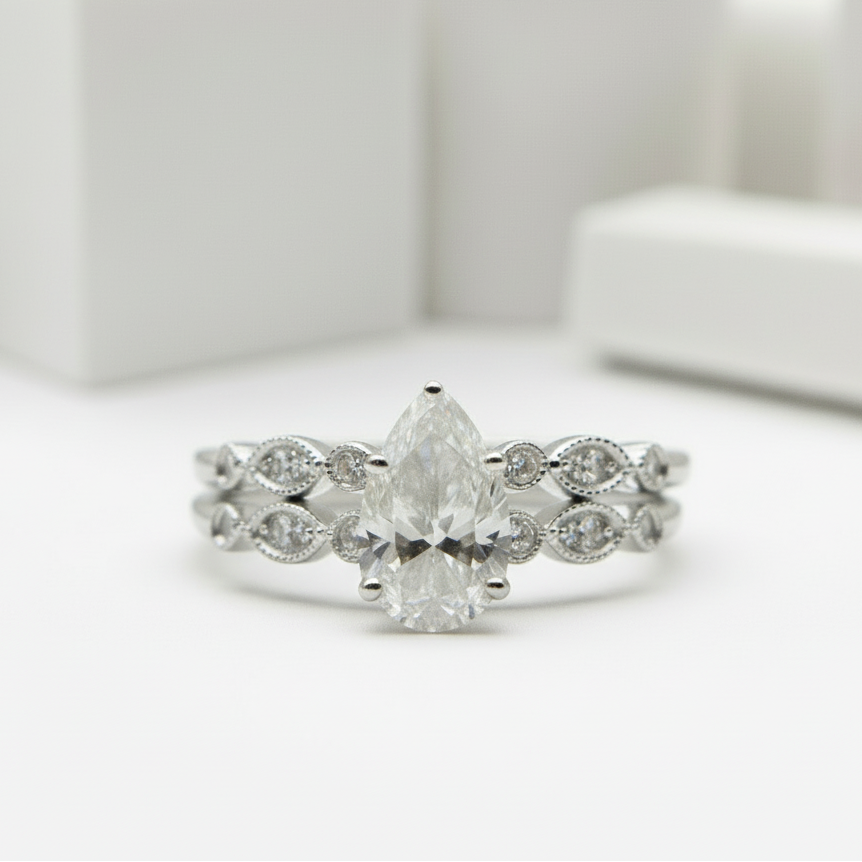 18k Pear Cut Diamond Vintage Design Engagement Ring-Black Diamonds New York