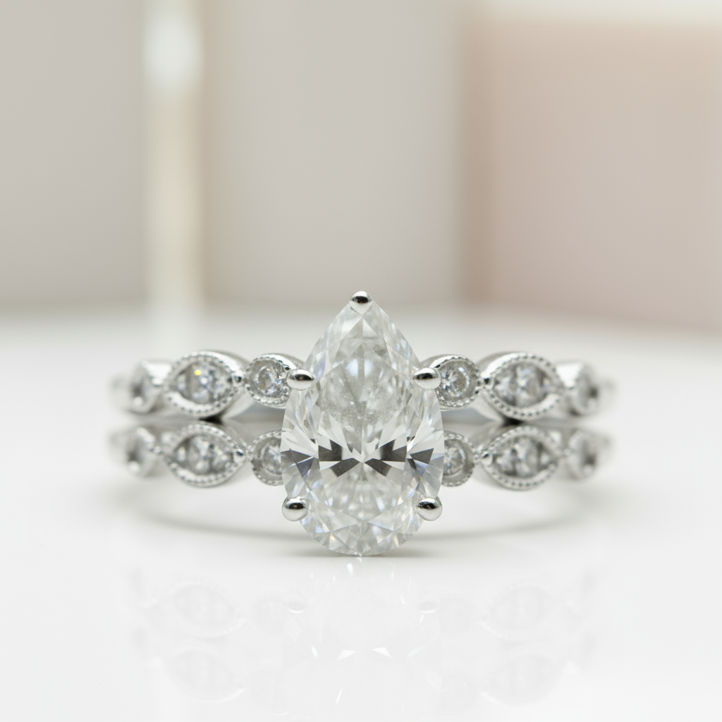 18k Pear Cut Diamond Vintage Design Engagement Ring-Black Diamonds New York