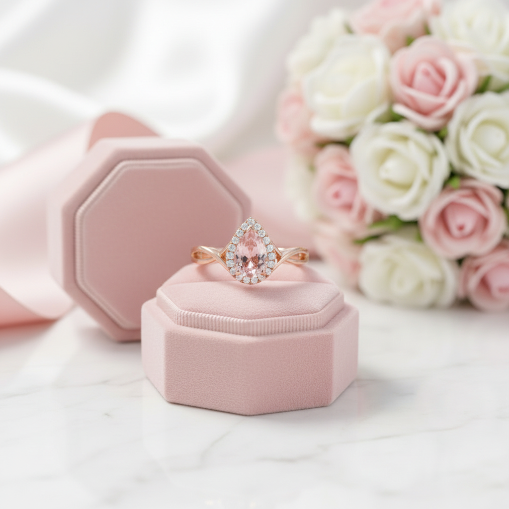 18k Rose Gold 6*8mm Pear Cut Morganite Engagement Ring-Black Diamonds New York