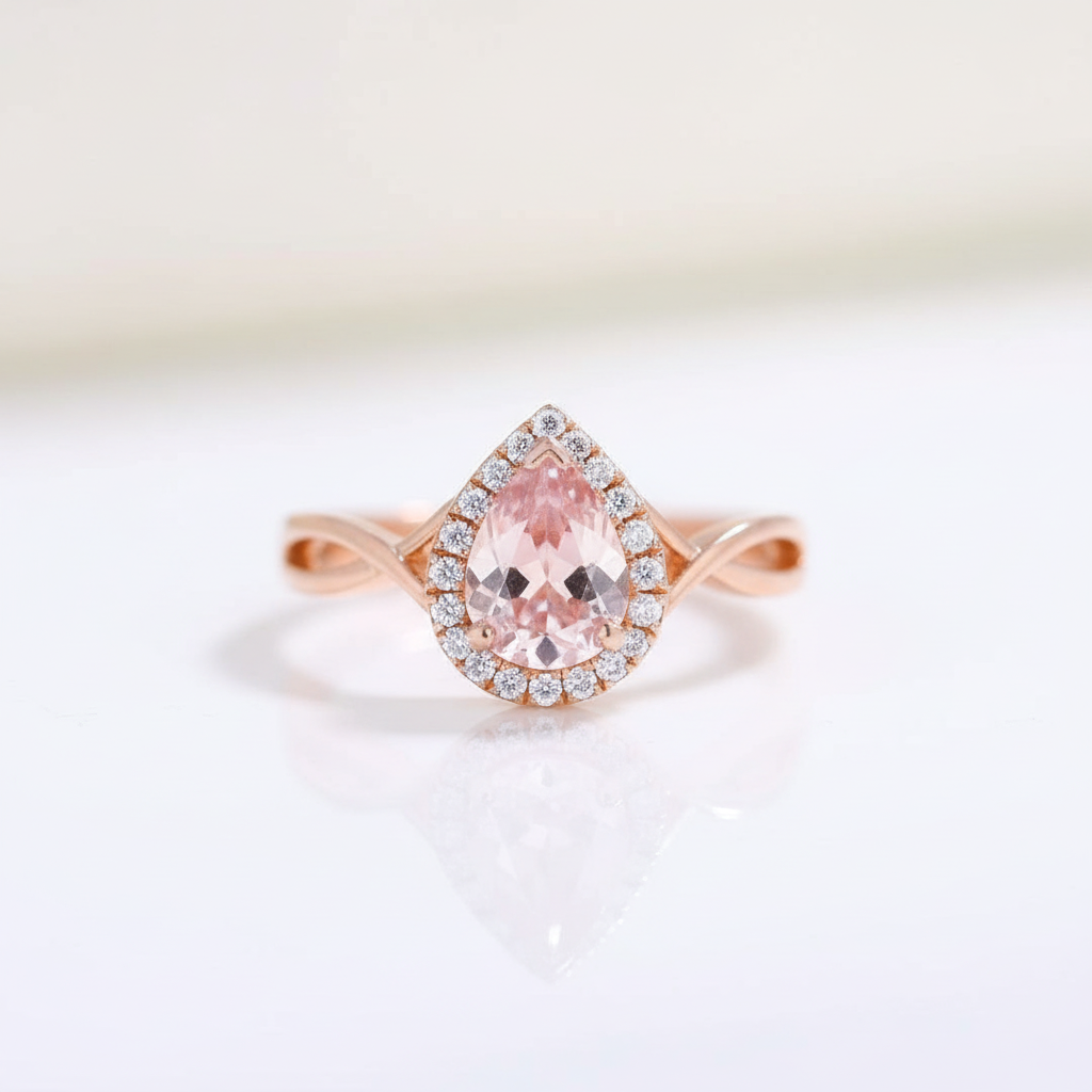 18k Rose Gold 6*8mm Pear Cut Morganite Engagement Ring-Black Diamonds New York