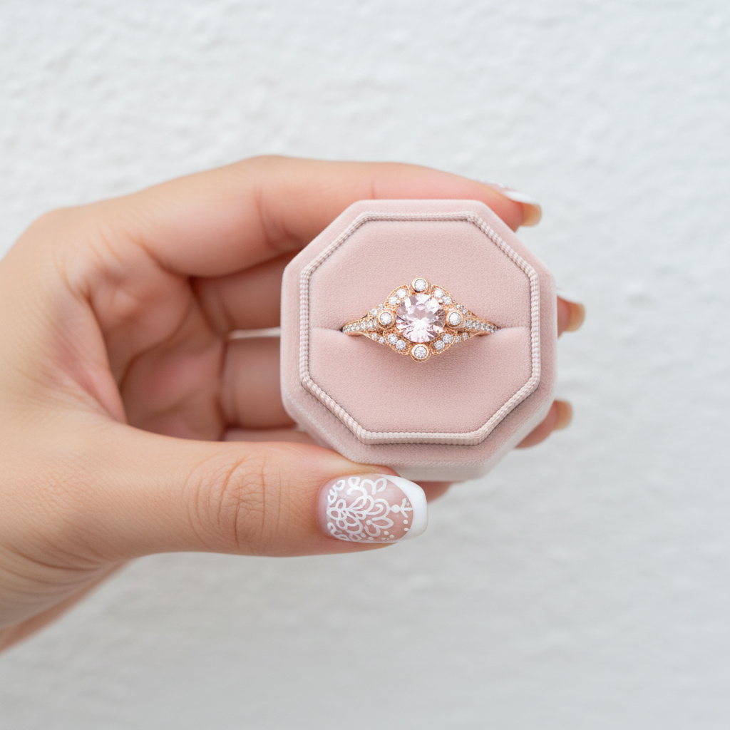 18k Rose Gold Center 6.5mm Morganite Milgrain Halo Engagement-Black Diamonds New York