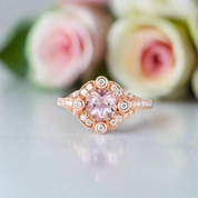 18k Rose Gold Center 6.5mm Morganite Milgrain Halo Engagement-Black Diamonds New York