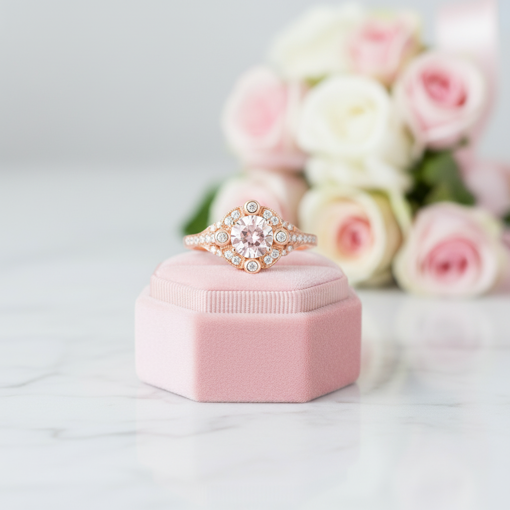 18k Rose Gold Center 6.5mm Morganite Milgrain Halo Engagement-Black Diamonds New York