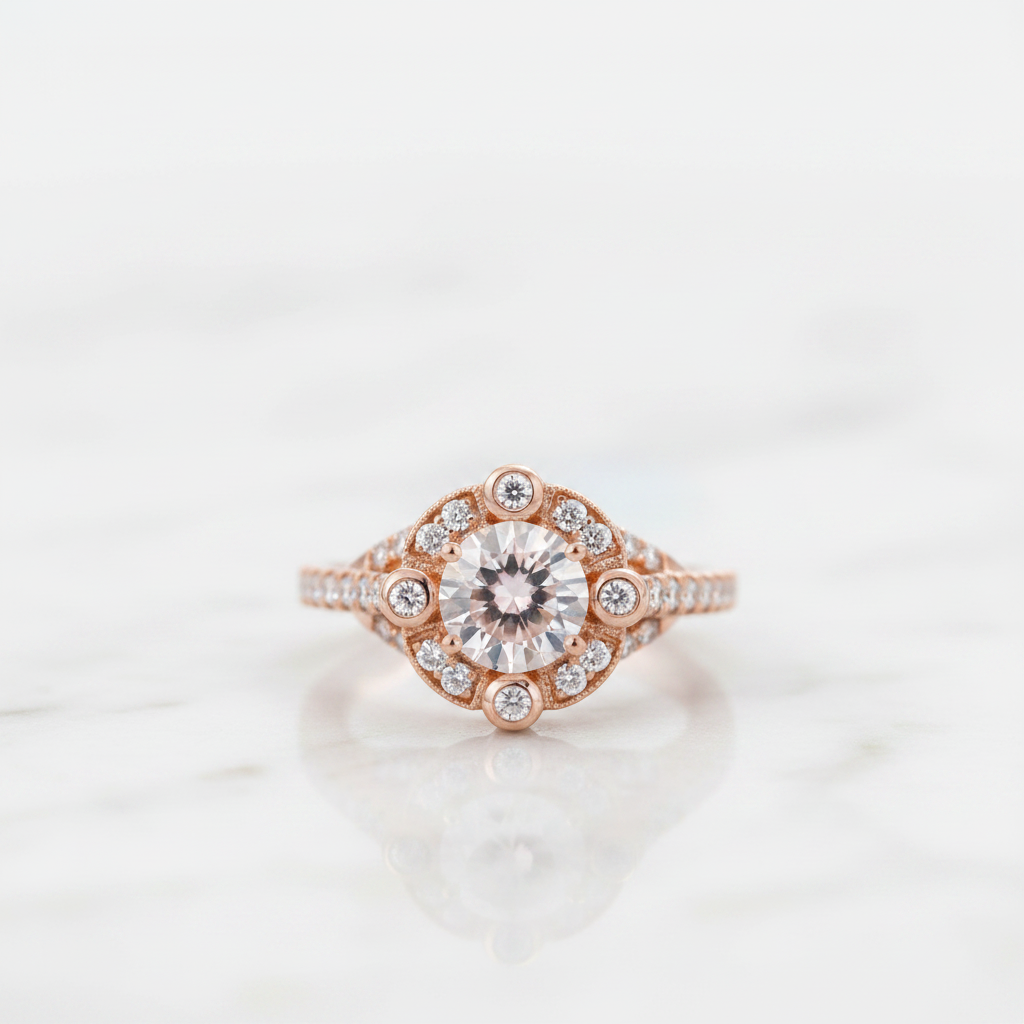 18k Rose Gold Center 6.5mm Morganite Milgrain Halo Engagement-Black Diamonds New York