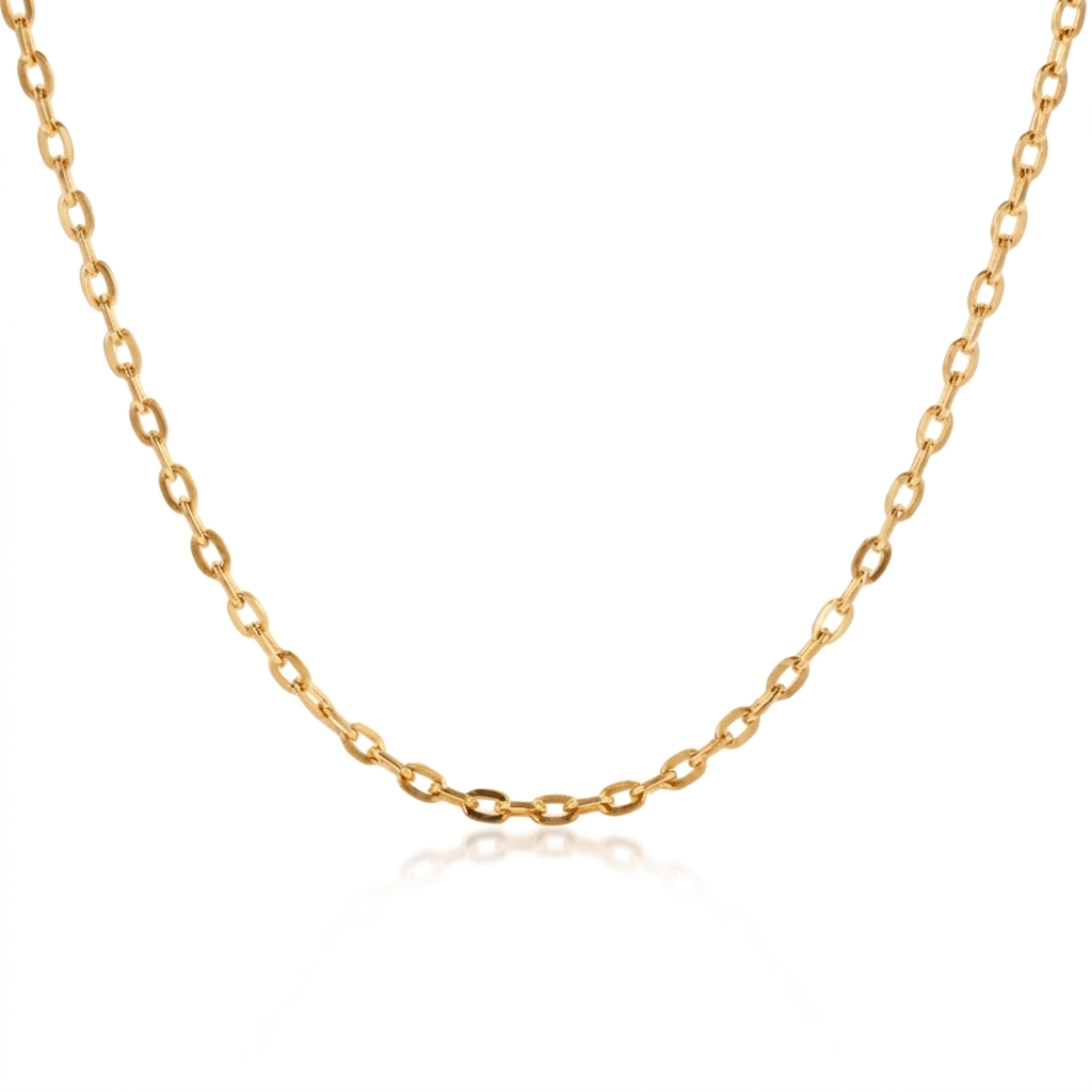 A delicate gold chain necklace with a polished finish, displayed in a curved U-shape against a clean white background with a subtle reflection below.