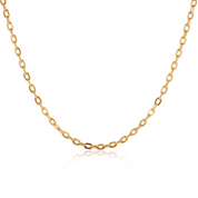 A delicate gold chain necklace with a polished finish, displayed in a curved U-shape against a clean white background with a subtle reflection below.