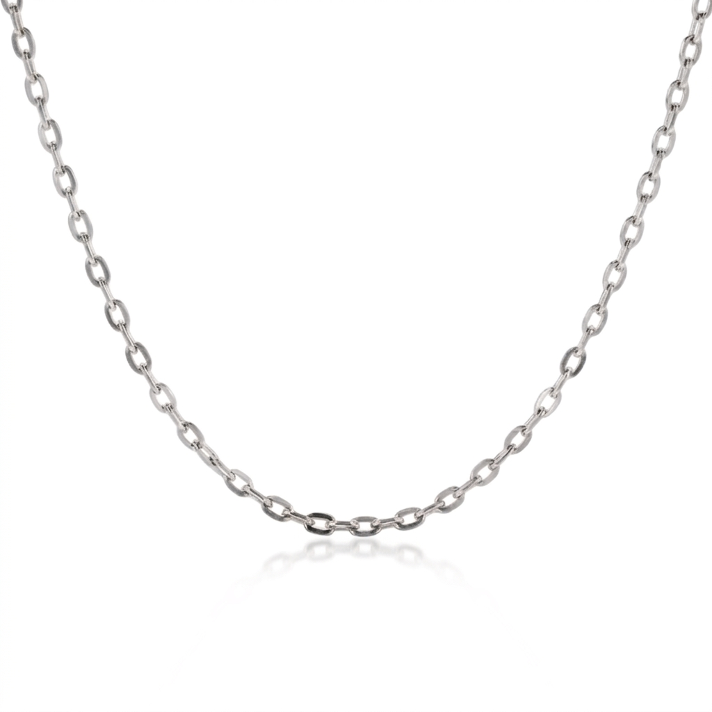 A silver-toned metal chain necklace with elongated oval links, displayed against a clean white background with a subtle reflection below.