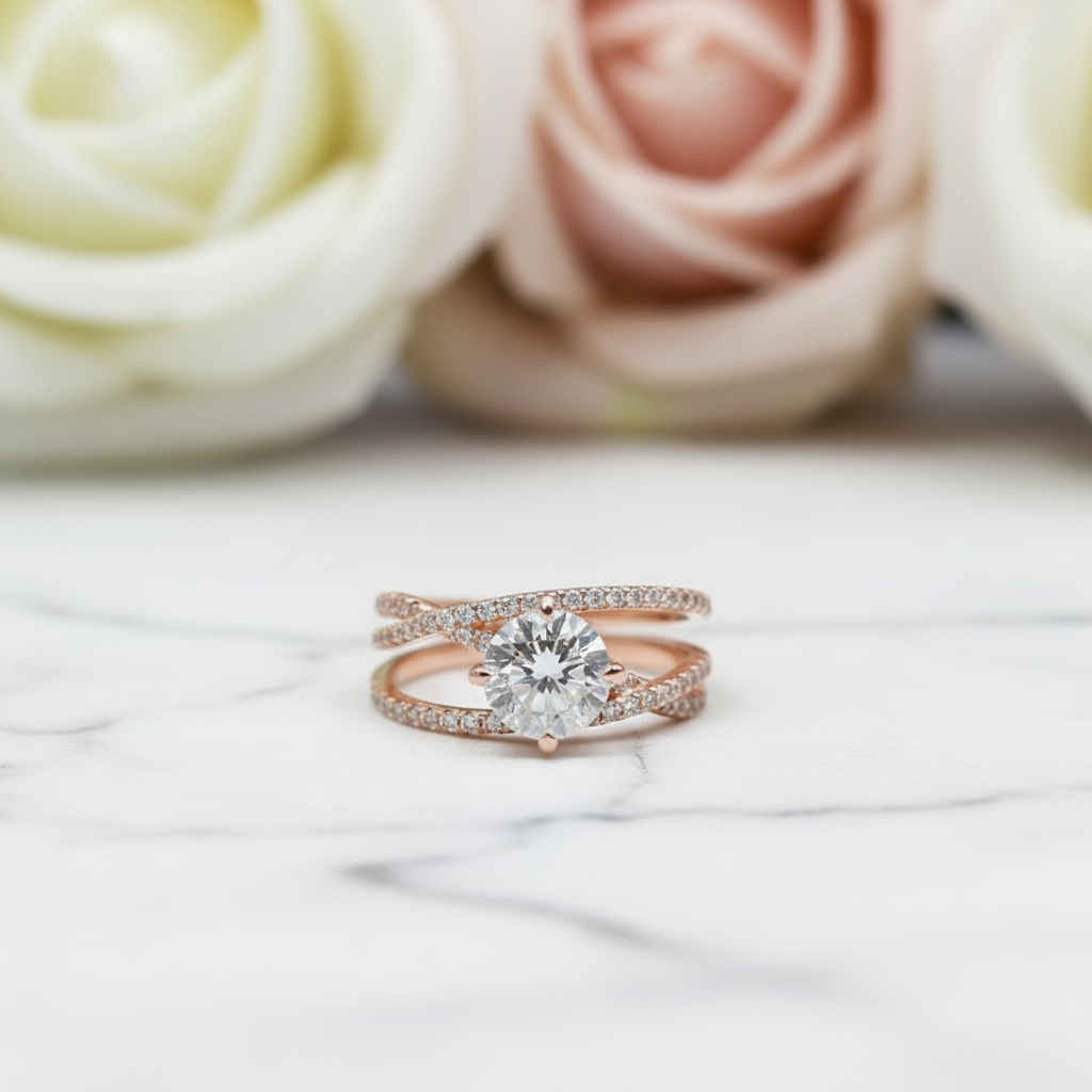 18K Rose Gold Round Cut 1ct Diamond Forever Love Engagement Ring-Black Diamonds New York