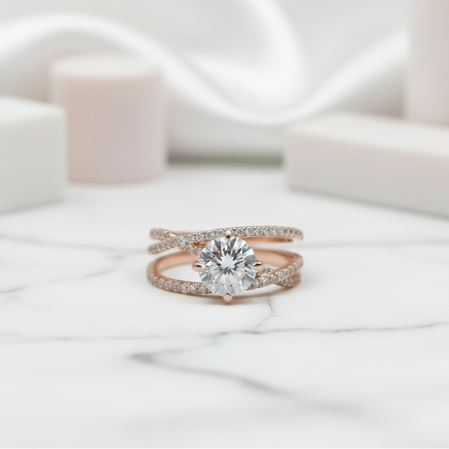 18K Rose Gold Round Cut 1ct Diamond Forever Love Engagement Ring-Black Diamonds New York