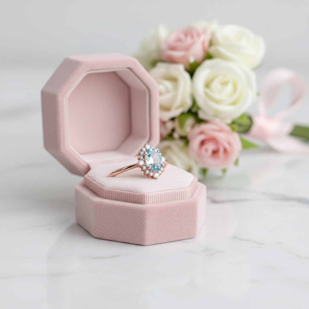 18k Rose Gold Sky Blue Topaz Engagement Ring-Black Diamonds New York